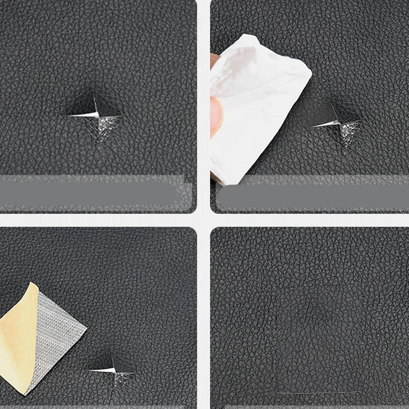 Four panels showing self-adhesive PU leather repair patches being applied to a dark leather surface.