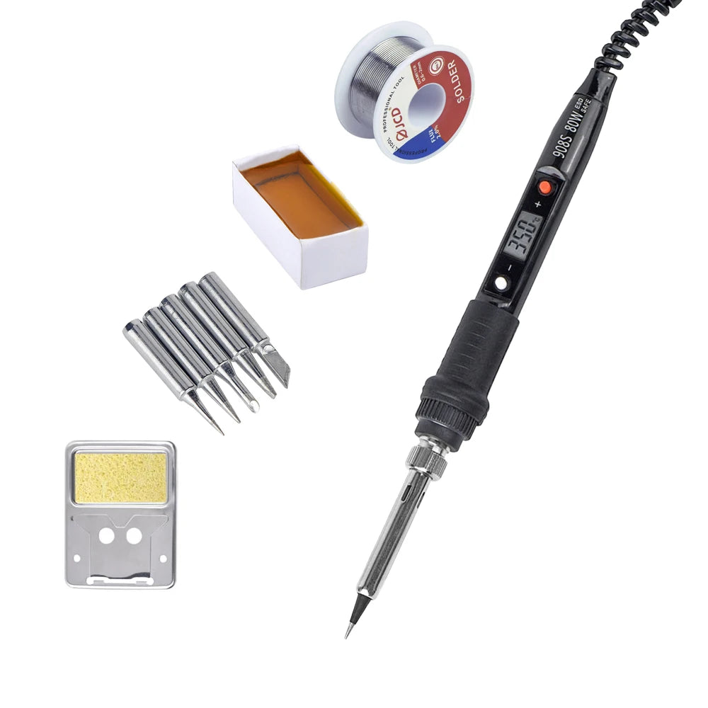 A soldering iron kit showing the iron, tip, solder wire, and a soldering tip with an LCD display.