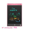 A pink 12-inch LCD writing tablet displaying the text I'm happy and two cats.