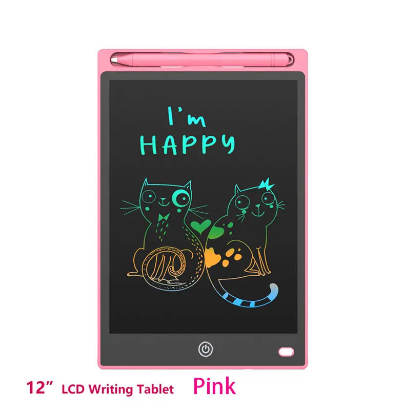 A pink 12-inch LCD writing tablet displaying the text I'm happy and two cats.