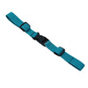 A teal adjustable backpack chest strap with black plastic buckles.