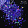 A pile of iridescent holographic star sequins in various colors scattered against a black background.
