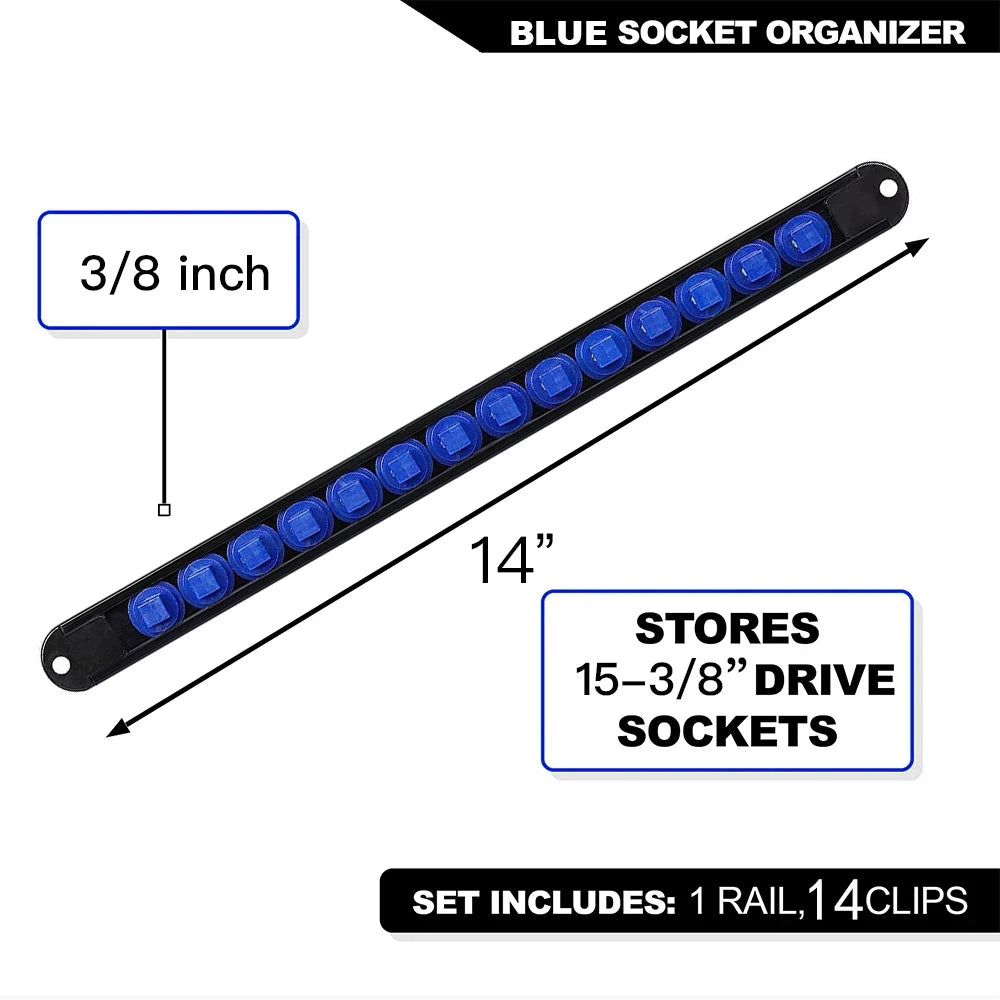 Blue socket organizer rail with 14 inch length and four clips for storing 15-3/8 drive sockets