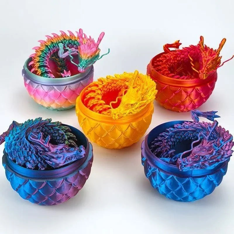 A collection of five brightly colored, intricately detailed dragon figurines in various pots and bowls.