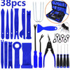 A collection of 38 auto trim removal tools in blue and black, including various blades, picks, and tools, shown with a storag