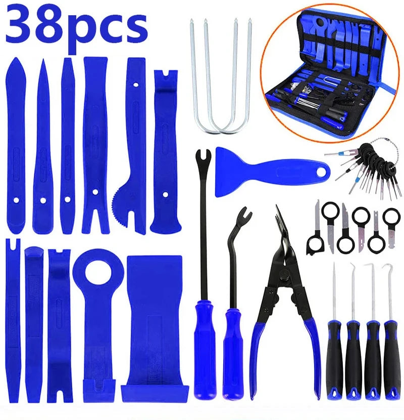 A collection of 38 auto trim removal tools in blue and black, including various blades, picks, and tools, shown with a storag