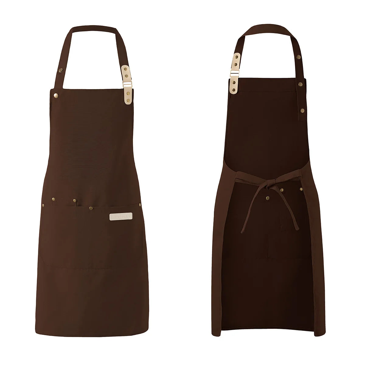 A dark brown waterproof canvas chef apron with long straps and a tie closure.