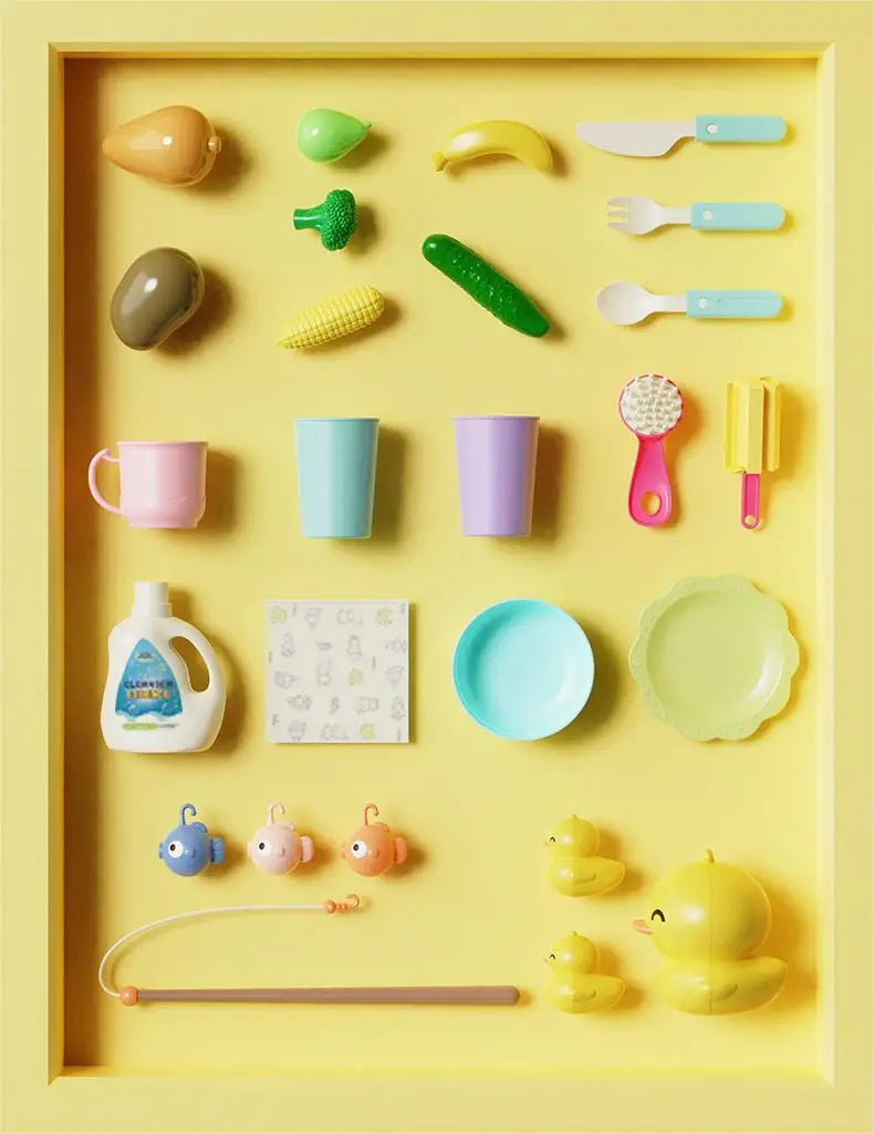 A yellow tray holds various colorful plastic kitchen and fishing toys for children.