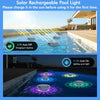 Solar rechargeable pool lights illuminating a swimming pool with multiple color modes at night