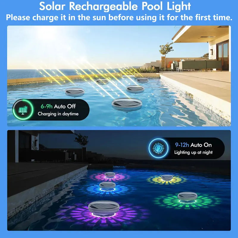 Solar rechargeable pool lights illuminating a swimming pool with multiple color modes at night