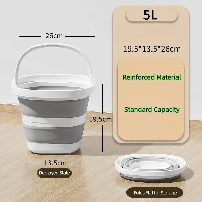 A portable collapsible bucket in white and gray showing its dimensions and folded state for storage.