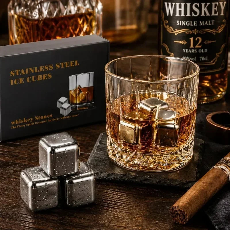 Reusable Stainless Steel Whiskey Stones with Tongs