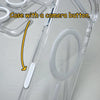 A clear magnetic case for an iPhone showing a camera button feature.