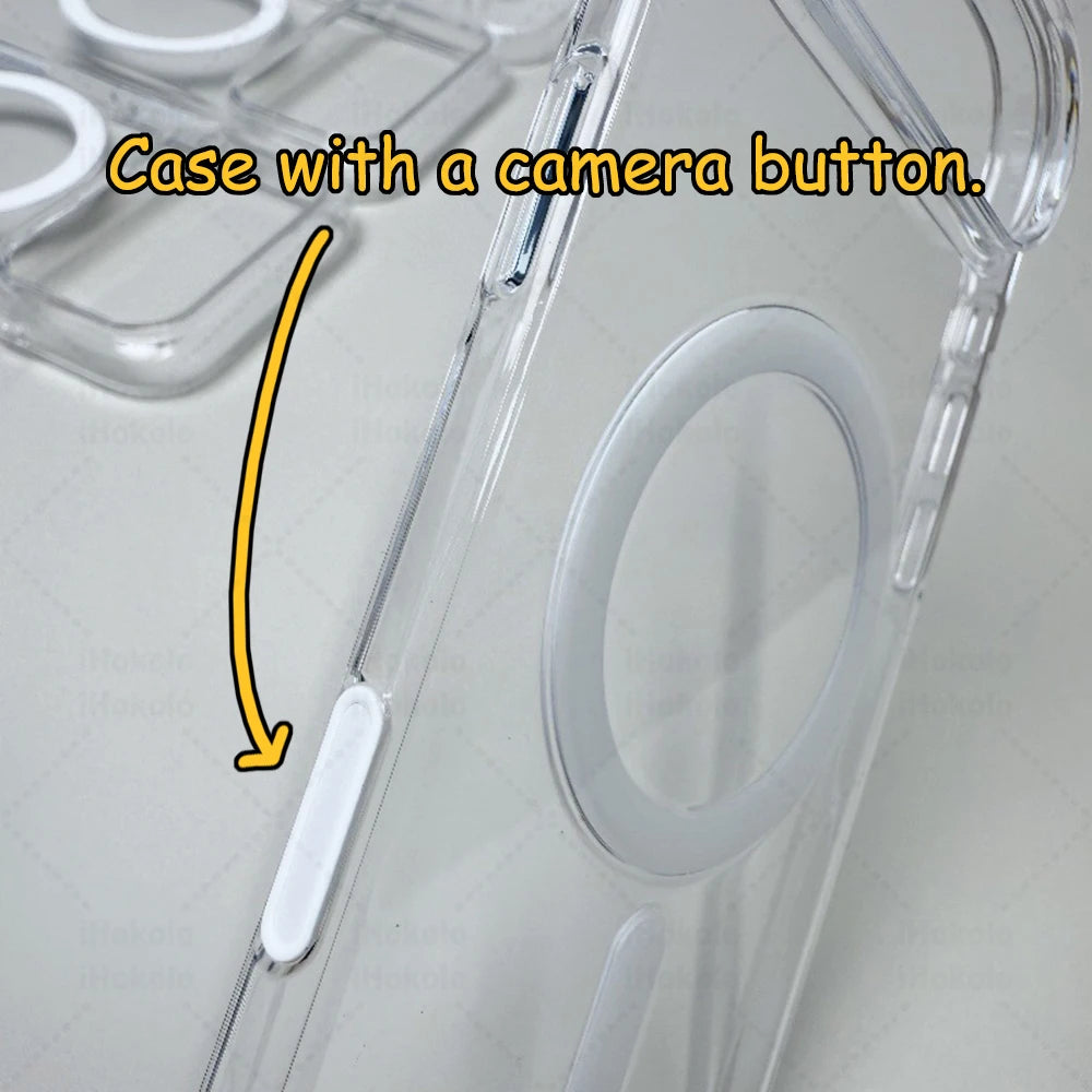 A clear magnetic case for an iPhone showing a camera button feature.