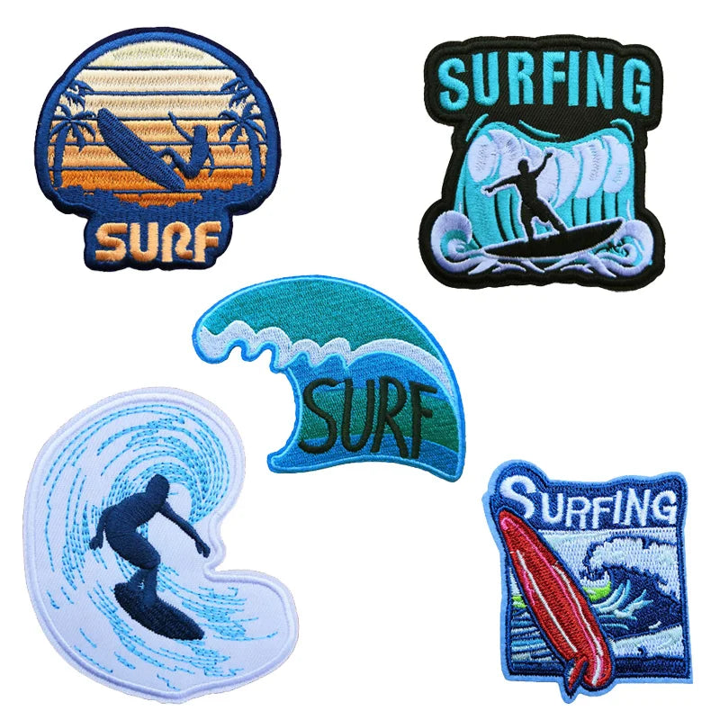 A collection of embroidered patches featuring surfing themes, including a sunset wave, a surfer silhouette, and a blue wave d