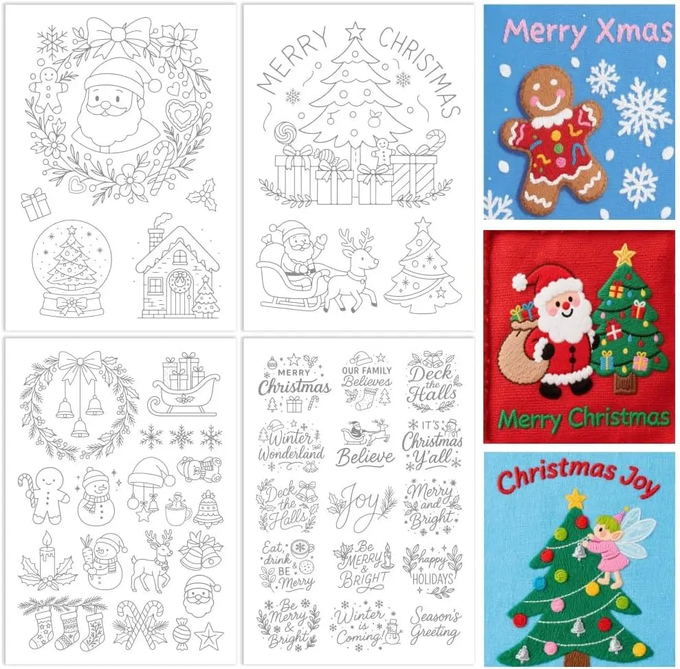 A set of twelve Christmas-themed embroidery stabilizer sheets featuring various holiday designs and seasonal greetings.