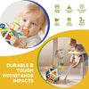 A toddler is playing with a colorful, durable activity cube designed for sensory development.