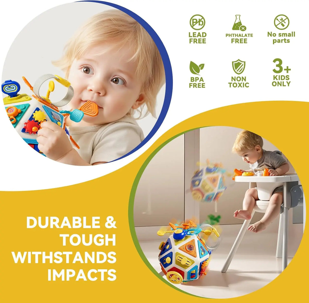 A toddler is playing with a colorful, durable activity cube designed for sensory development.