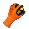 Orange PU-coated work gloves with black palms and yellow fingertips shown in a close-up view.