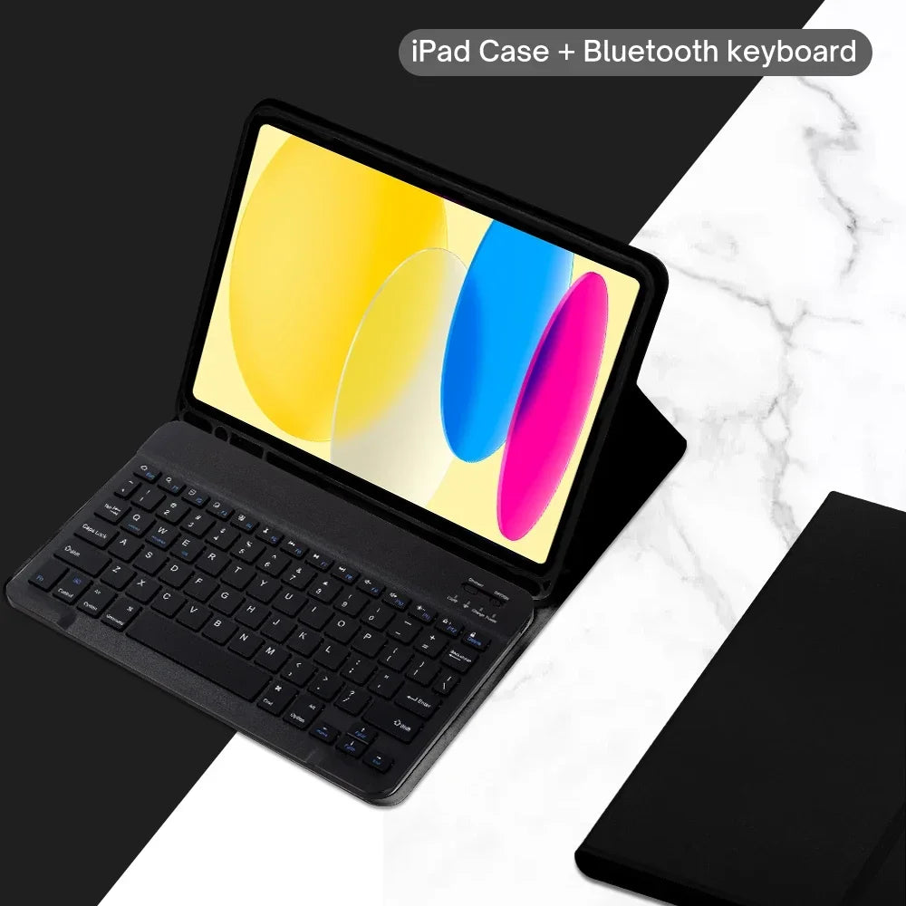 A black iPad case is shown open, displaying a colorful graphic, with a detachable Bluetooth keyboard resting below it.