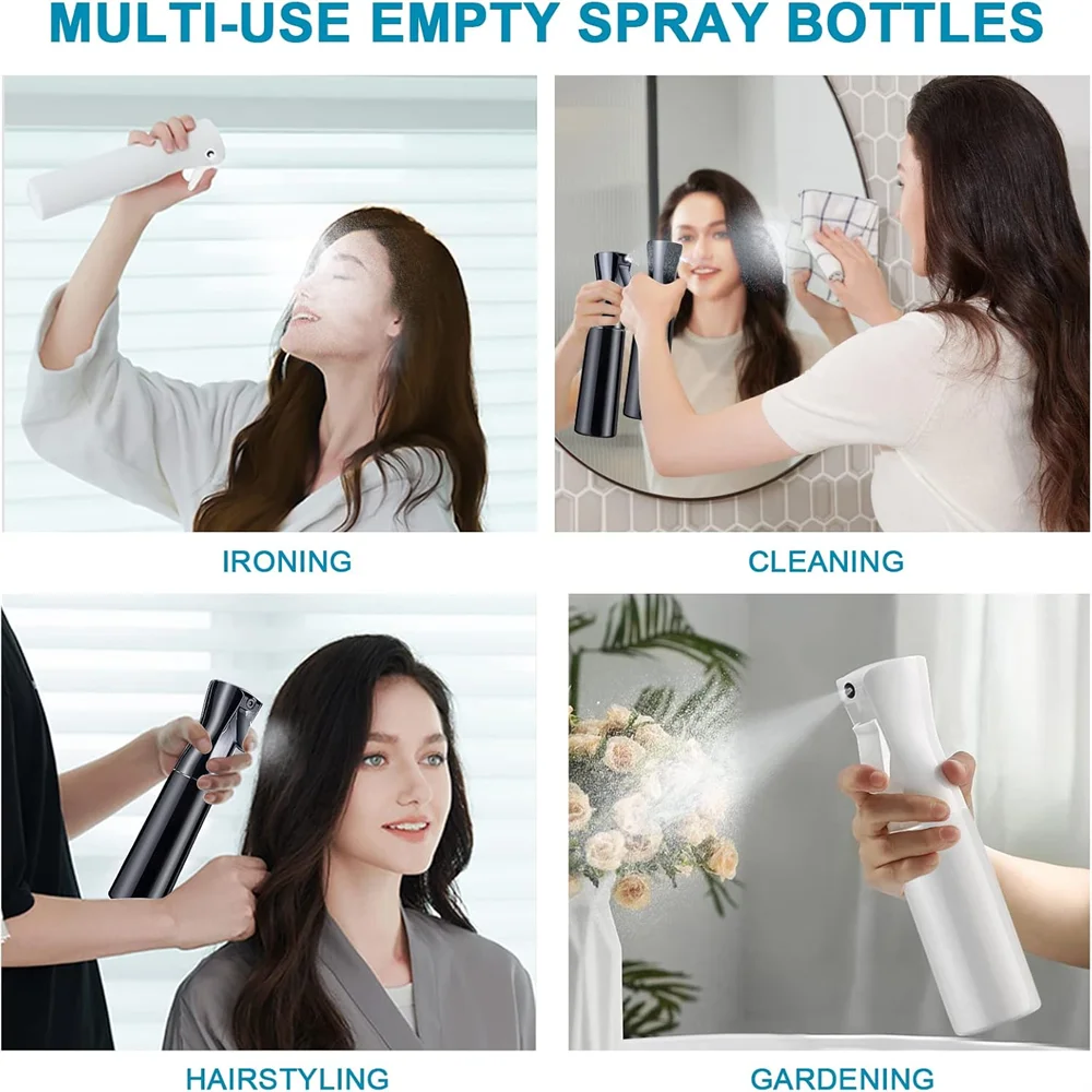A collection of multi-use empty spray bottles demonstrating ironing, cleaning, hairstyling, and gardening applications.