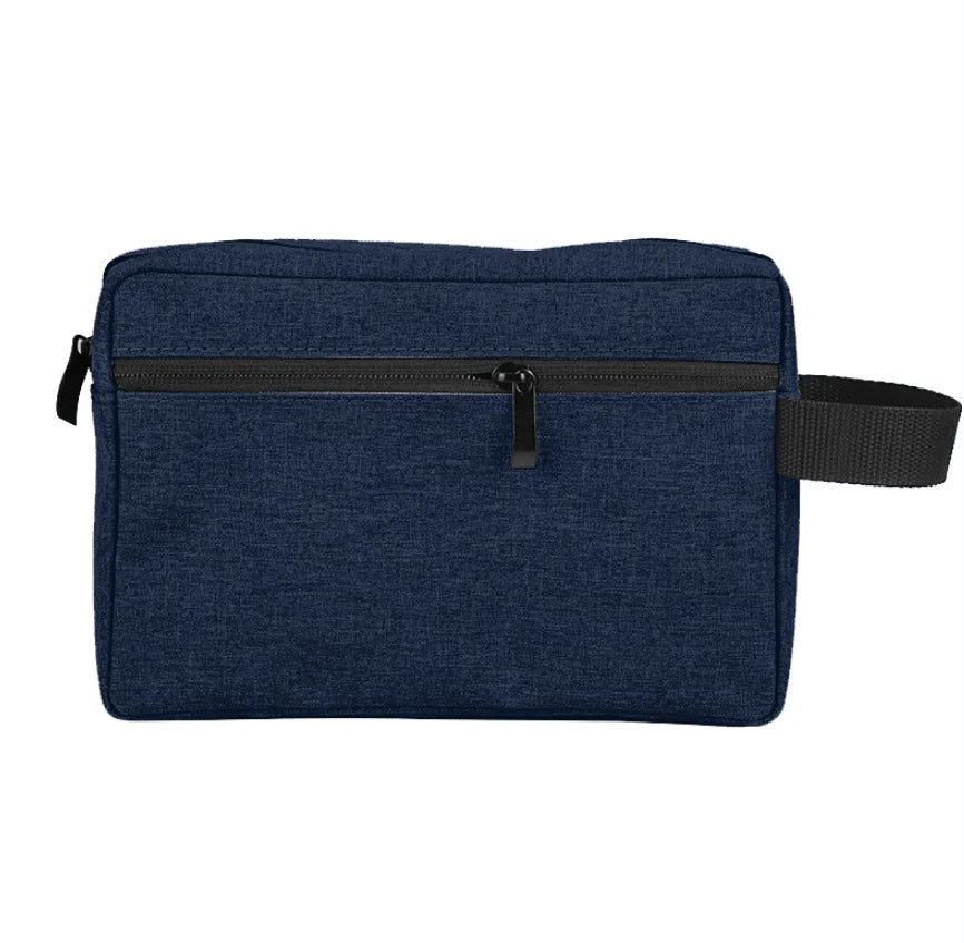 A navy blue waterproof travel toiletry bag with a black zipper and strap.
