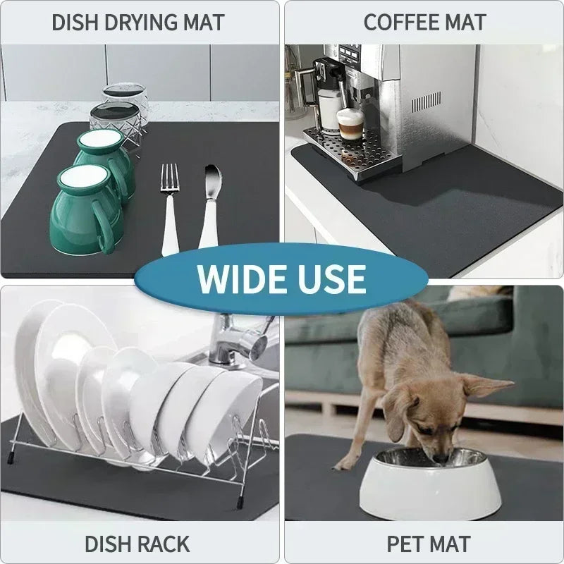 A set of various mats including a dish drying mat, coffee mat, dish rack, and pet mat.