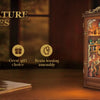 An illuminated DIY bookend kit showing various features like touch lights and a brain-teasing assembly for a miniature book h