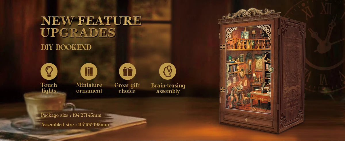 An illuminated DIY bookend kit showing various features like touch lights and a brain-teasing assembly for a miniature book h