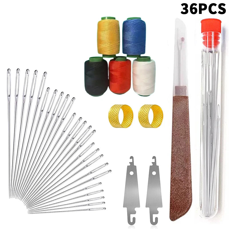 A set of 36 stainless steel sewing needles and various colored thread spools are shown with a travel case.