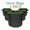 A stack of five black heavy-duty non-woven fabric grow bags for gardening and planting.