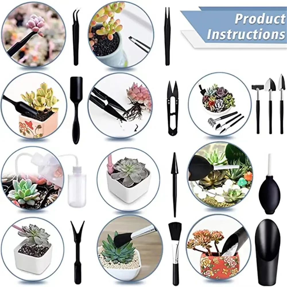 A collection of gardening tools for succulents and bonsai including tweezers, small trowels, and specialized pruning instrume