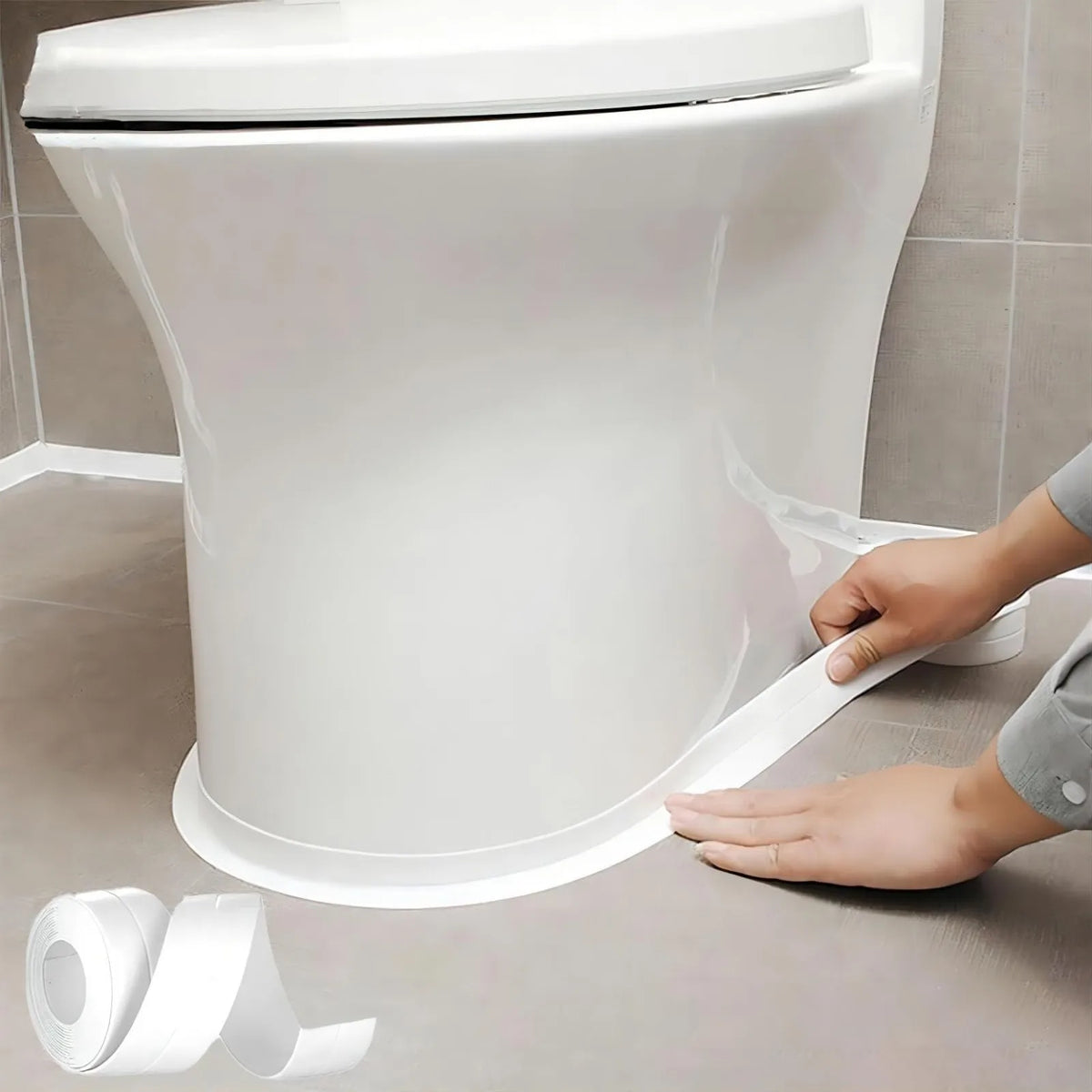 Hands are applying self-adhesive waterproof caulk tape around the base of a white toilet bowl.