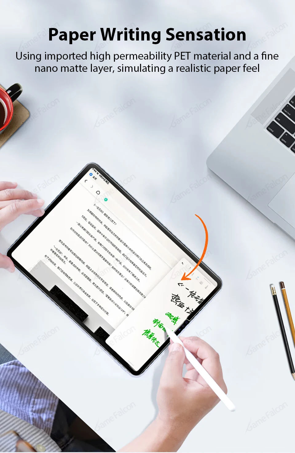 A hand writes on an iPad screen featuring a paper writing sensation effect.