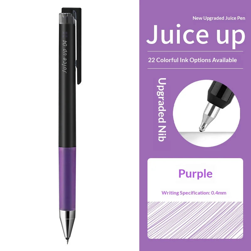 Ein schwarz-lila Pilot Juice Up Gelstift neben Marketingtext, der 22 bunte Tintenoptionen hervorhebt.