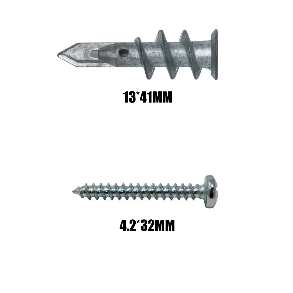 Deux chevilles métalliques pour plaques de plâtre : une vis de 13x41mm et une vis de 4.2x32mm.