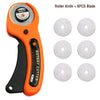 Orange rotary knife with a black handle and six spare blades for sewing and crafting.
