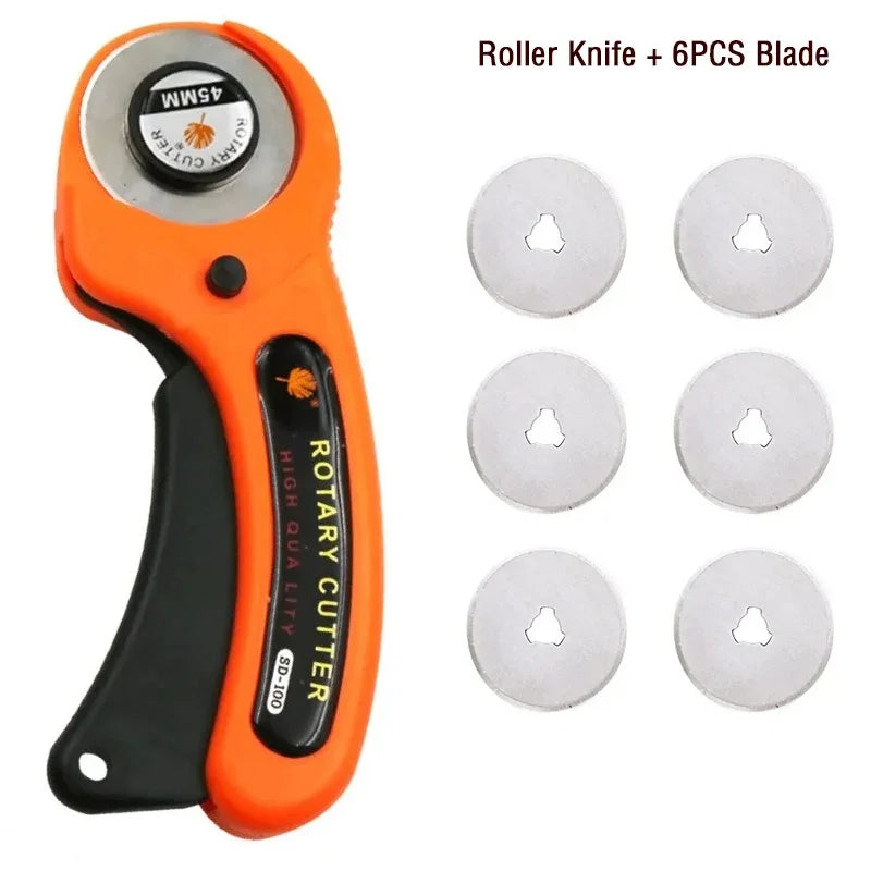 Orange rotary knife with a black handle and six spare blades for sewing and crafting.