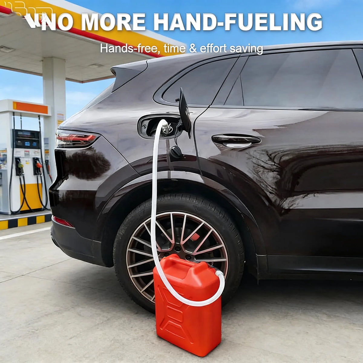 An orange portable auto-stop fuel transfer pump is shown connected to a dark SUV's fuel port.