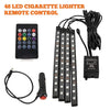 A remote control for a 48 LED cigarette lighter remote control device with multiple buttons and power switch.