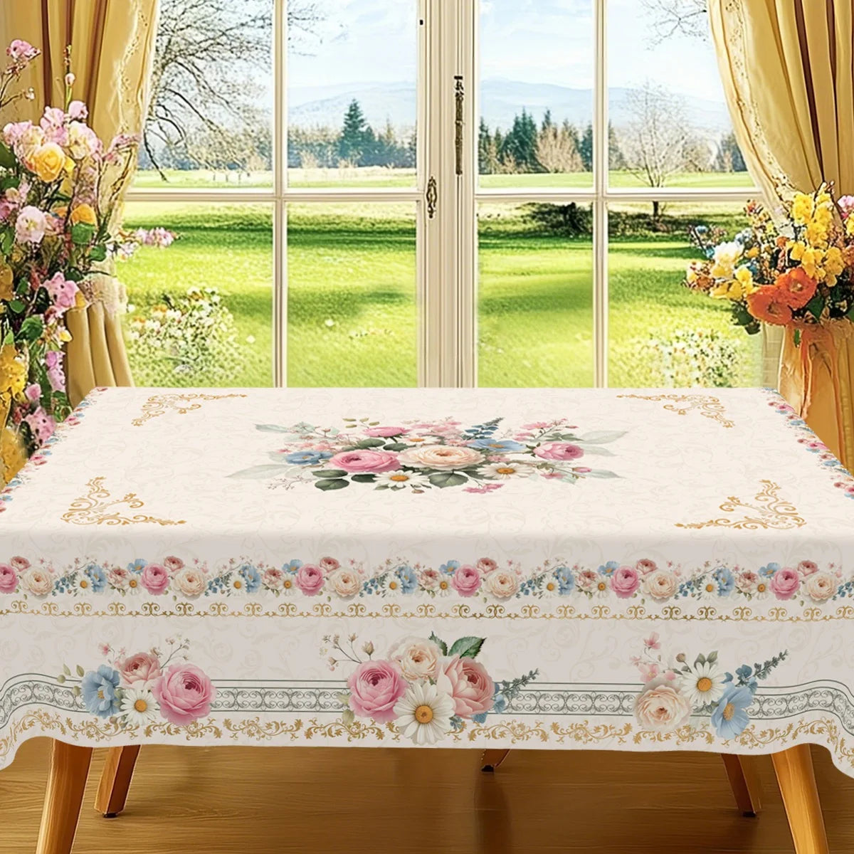 Vintage floral tablecloth with pink and blue flowers displayed on a wooden dining table near a large window.