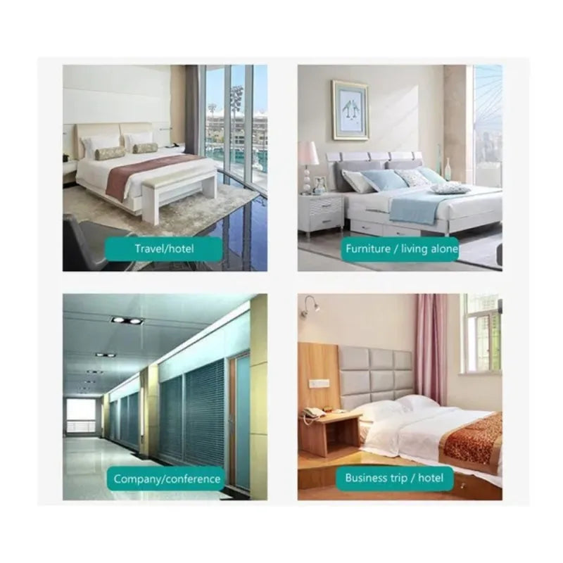 A collection of images showing various interior and exterior settings for a high-decibel wireless door stop alarm.