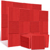 A pack of red acoustic foam panels with vertical ribbed texture for soundproofing.