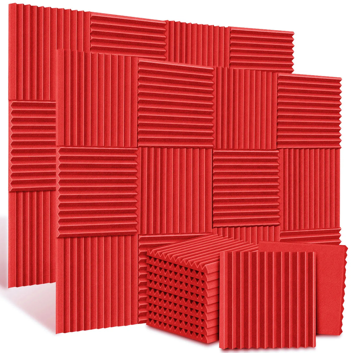 A pack of red acoustic foam panels with vertical ribbed texture for soundproofing.