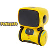 A yellow interactive voice-controlled robot toy with a black screen and a microphone, labeled for Portuguese language support