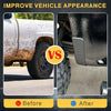 Before and after comparison of vehicle appearance showing mud flap delete covers on a truck fender.