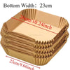 Disposable air fryer parchment paper liners showing the bottom width and depth measurements.