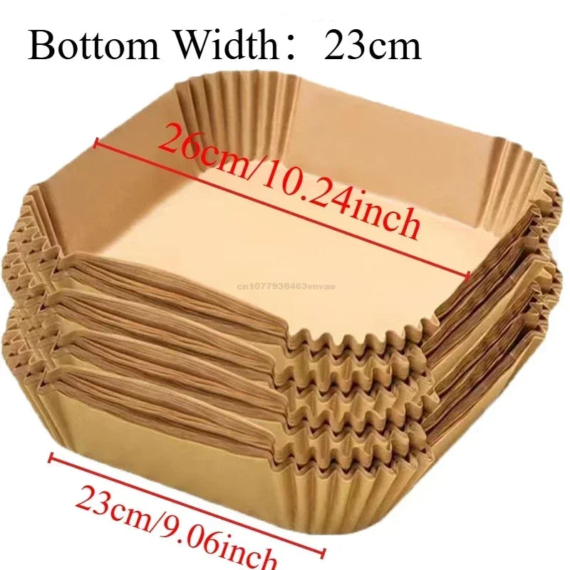 Disposable air fryer parchment paper liners showing the bottom width and depth measurements.