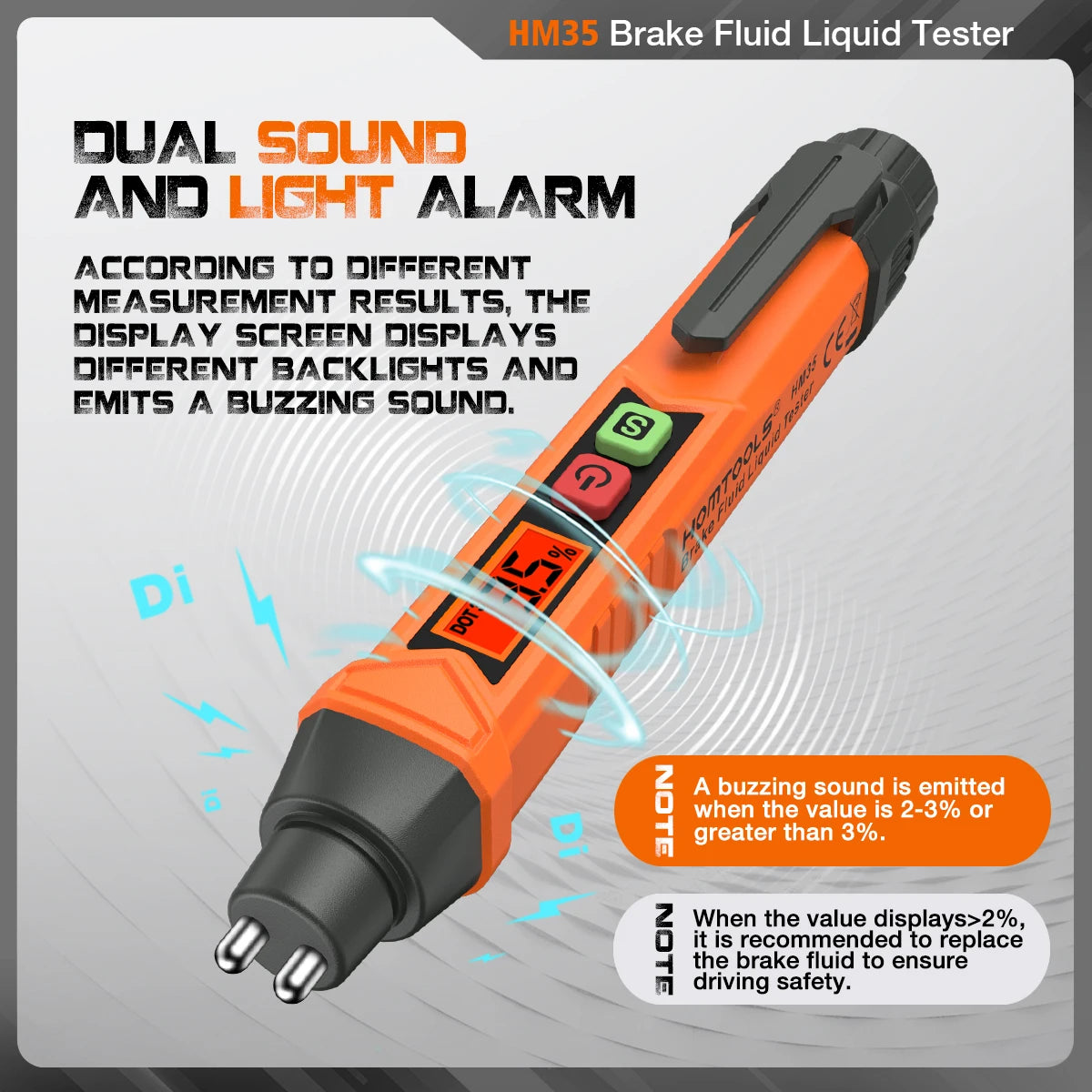 An orange digital brake fluid tester device with a display and a buzzer, showing measurement results.