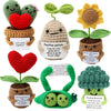Handmade crochet pocket hug dolls featuring various insects and plants with positive messages